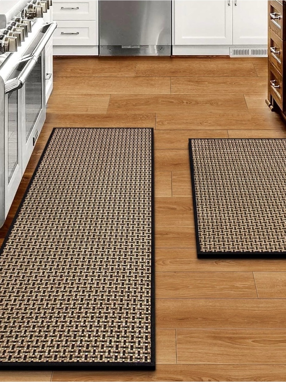 Neutral Woven Kitchen Runner and Mat Set - Beige/Tan